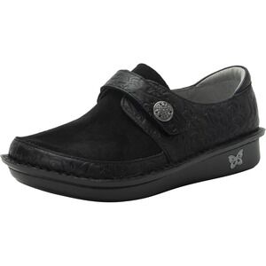 Alegria PG Brenna‎ Night Bloom Black Floral Embossed Leather Suede Clogs Sz 6 36